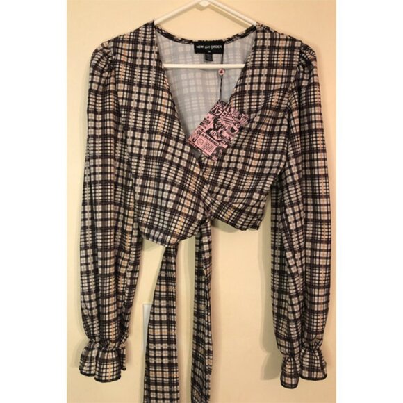 New Girl Order wrap crop top with puff sleeves in heritage check US size 6 - Picture 3 of 9